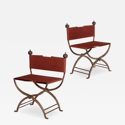 Pair of Wrought Iron and Leather Savonarola Chairs