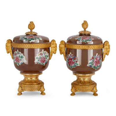 Pair of antique Chinese caf au lait porcelain and ormolu vases