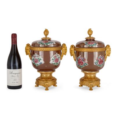 Pair of antique Chinese caf au lait porcelain and ormolu vases