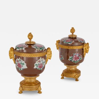 Pair of antique Chinese caf au lait porcelain and ormolu vases