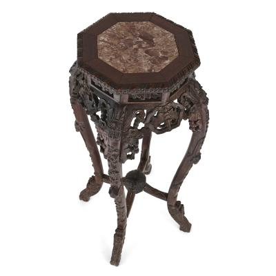 Pair of antique Chinese hardwood and veined marble stands