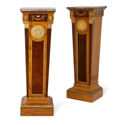 Pair of antique English Neoclassical style ormolu mounted pedestals
