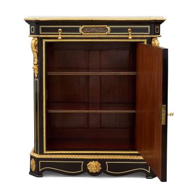 Pair of antique French ebonised wood ormolu bronze and marquetry cabinets