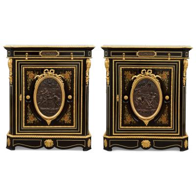 Pair of antique French ebonised wood ormolu bronze and marquetry cabinets