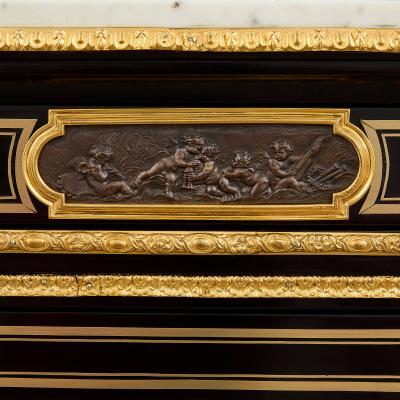 Pair of antique French ebonised wood ormolu bronze and marquetry cabinets