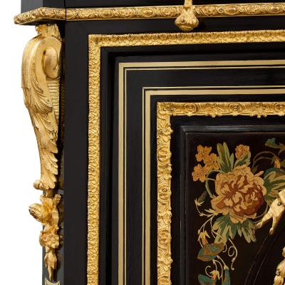 Pair of antique French ebonised wood ormolu bronze and marquetry cabinets