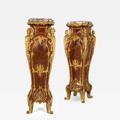 Pair of antique French marble ormolu and marquetry pedestals