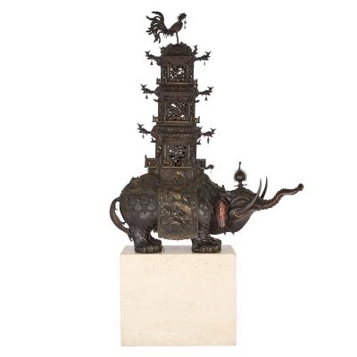 Pair of antique Japanese Meiji era bronze elephant and pagoda incense burners