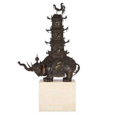 Pair of antique Japanese Meiji era bronze elephant and pagoda incense burners