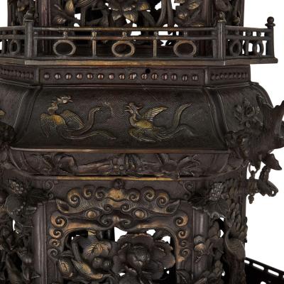 Pair of antique Japanese Meiji era bronze elephant and pagoda incense burners