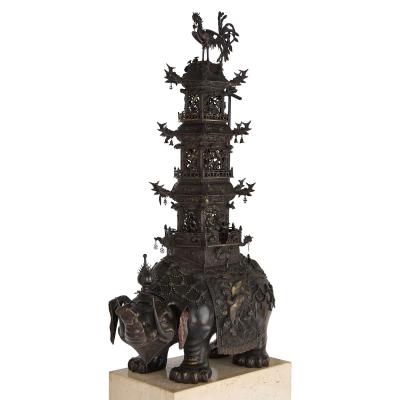 Pair of antique Japanese Meiji era bronze elephant and pagoda incense burners