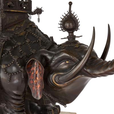 Pair of antique Japanese Meiji era bronze elephant and pagoda incense burners