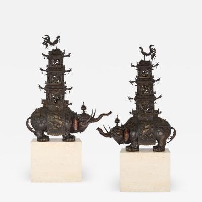 Pair of antique Japanese Meiji era bronze elephant and pagoda incense burners