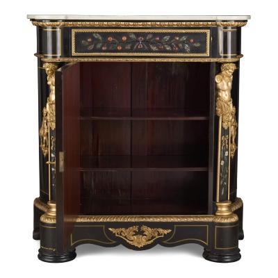Pair of antique Napoleon III style ebonised wood and pietra dura cabinets