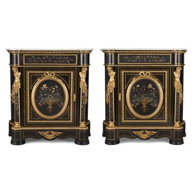 Pair of antique Napoleon III style ebonised wood and pietra dura cabinets