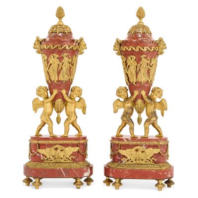 Pair of antique Russian pink griotte marble and ormolu vases with covers