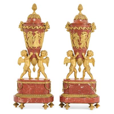 Pair of antique Russian pink griotte marble and ormolu vases with covers