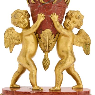 Pair of antique Russian pink griotte marble and ormolu vases with covers