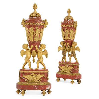 Pair of antique Russian pink griotte marble and ormolu vases with covers