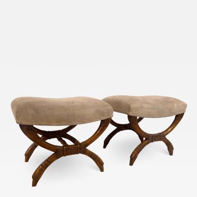 Pair of antique Stools Hand Carved Walnut Alcantara Leather France circa 1860