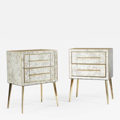 Pair of antique mirror and brass chest of drawers bedsides
