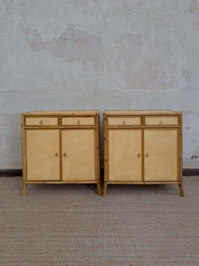 Pair of bamboo cabinets covered in raffia