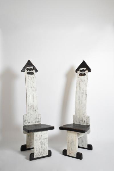 Pair of bicolor tainted wood chairs totems 1980s 
