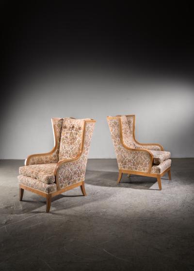 Pair of birch wingback armchairs