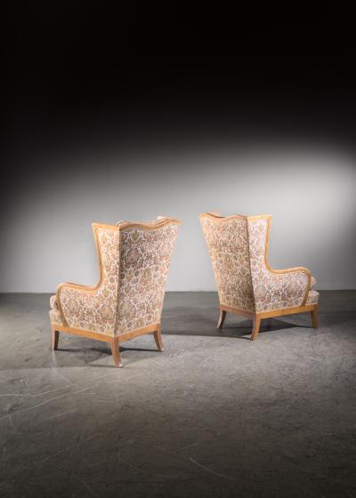 Pair of birch wingback armchairs