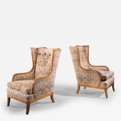 Pair of birch wingback armchairs