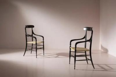 Pair of black lacquered Campanino armchairs Enzo Rotella Chiavari Italy 1950s