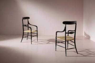 Pair of black lacquered Campanino armchairs Enzo Rotella Chiavari Italy 1950s