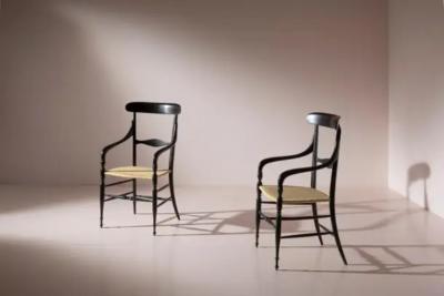 Pair of black lacquered Campanino armchairs Enzo Rotella Chiavari Italy 1950s
