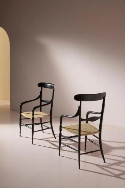 Pair of black lacquered Campanino armchairs Enzo Rotella Chiavari Italy 1950s