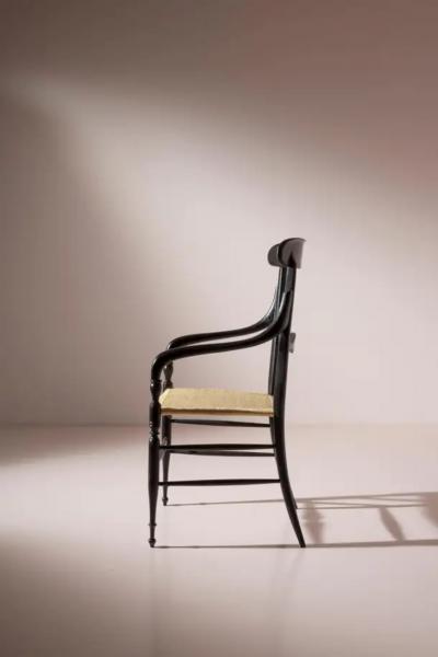 Pair of black lacquered Campanino armchairs Enzo Rotella Chiavari Italy 1950s