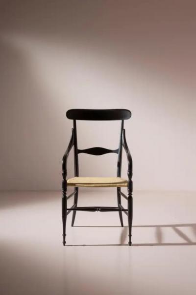 Pair of black lacquered Campanino armchairs Enzo Rotella Chiavari Italy 1950s