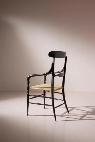 Pair of black lacquered Campanino armchairs Enzo Rotella Chiavari Italy 1950s