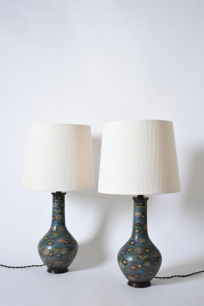 Pair of blue cloisonn bronze lamps XIXth c 
