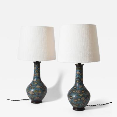 Pair of blue cloisonn bronze lamps XIXth c 