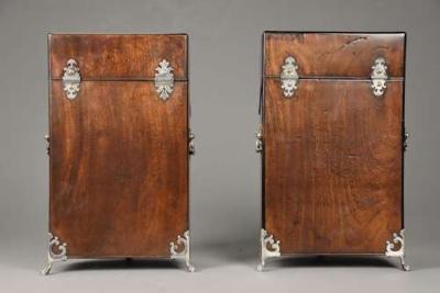 Pair of bow front mahogany cutlery boxes with silver mounts of superb patina