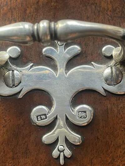 Pair of bow front mahogany cutlery boxes with silver mounts of superb patina