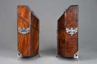 Pair of bow front mahogany cutlery boxes with silver mounts of superb patina