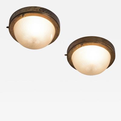 Pair of brass and glass ceiling lamps