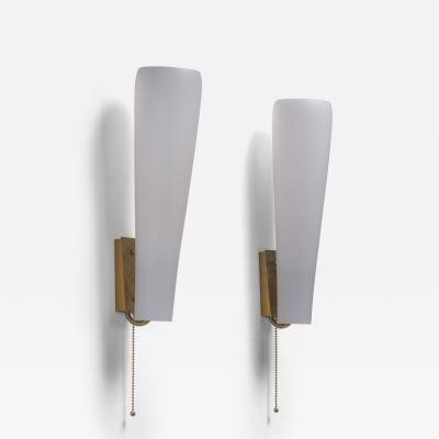 Pair of brass and opaline glass wall lamps