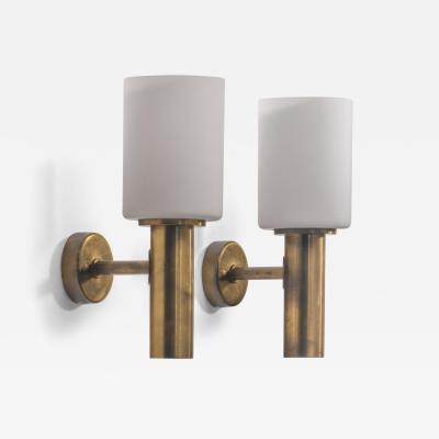 Pair of brass and opaline glass wall lamps