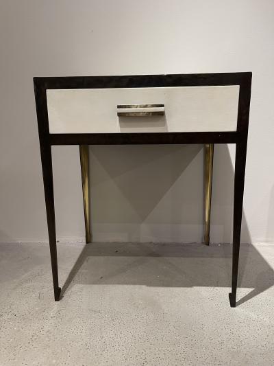 Pair of bronze and steel bedside tables with parchment panels