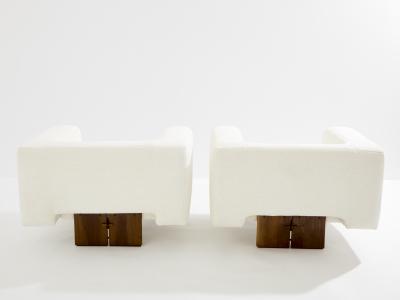 Pair of brutalist Italian armchairs walnut and chenille velvet 1960s