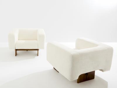 Pair of brutalist Italian armchairs walnut and chenille velvet 1960s