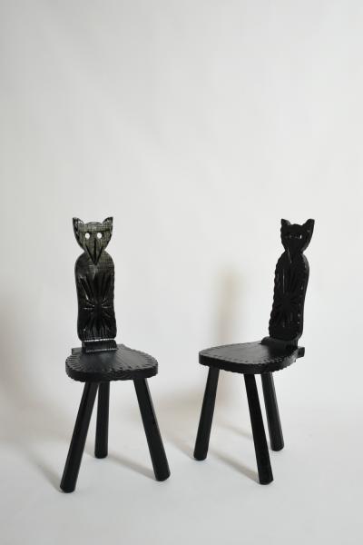 Pair of brutalist ebonised wood owl chairs 1960s 
