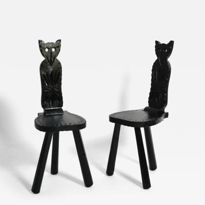 Pair of brutalist ebonised wood owl chairs 1960s 